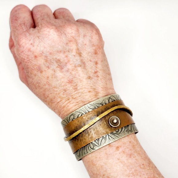 Artisan Riveted Mixed Metals Assemblage Cuff Bracelet - Picture 8 of 8